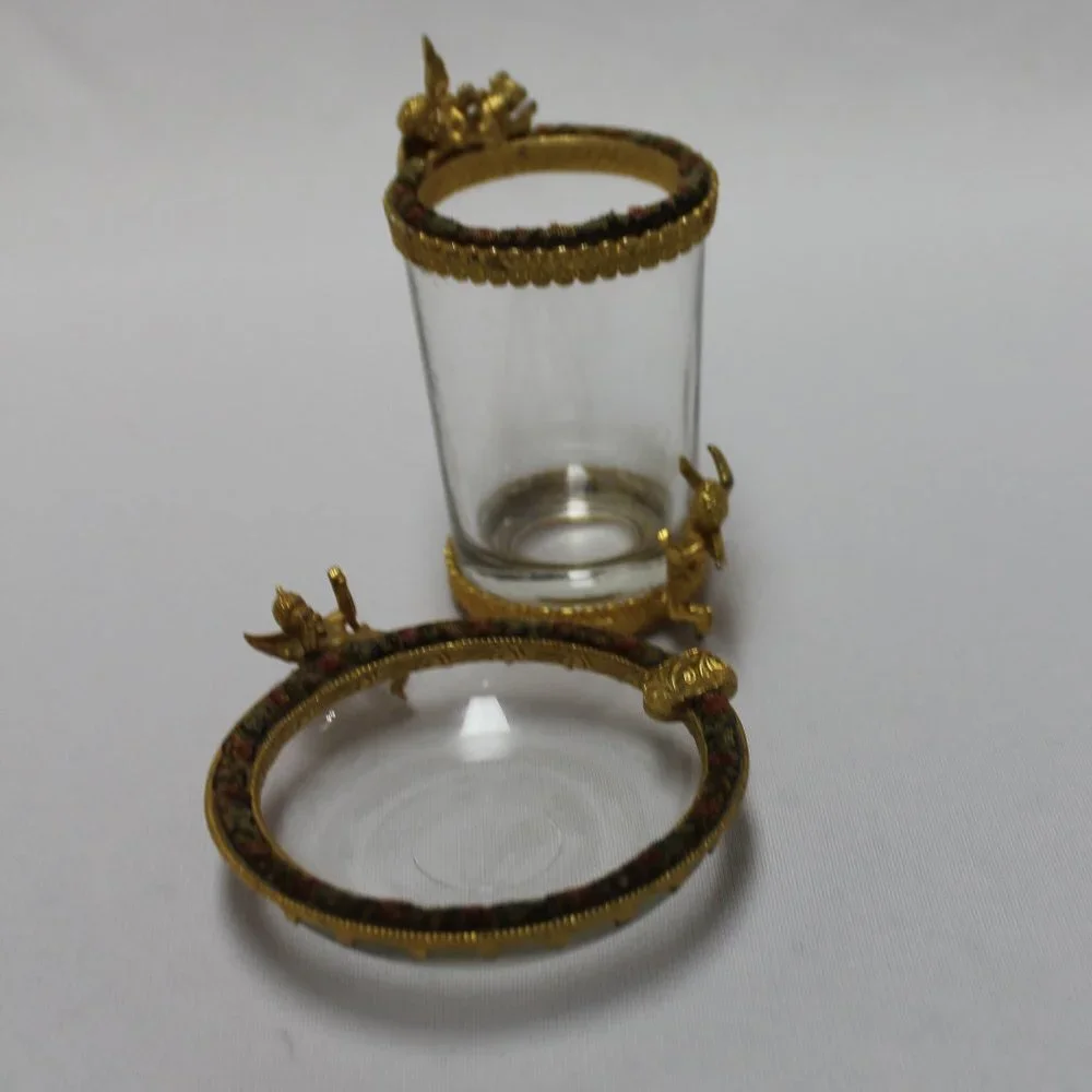 Vintage Golden Cherup Vanity Trinket Dish and Glass